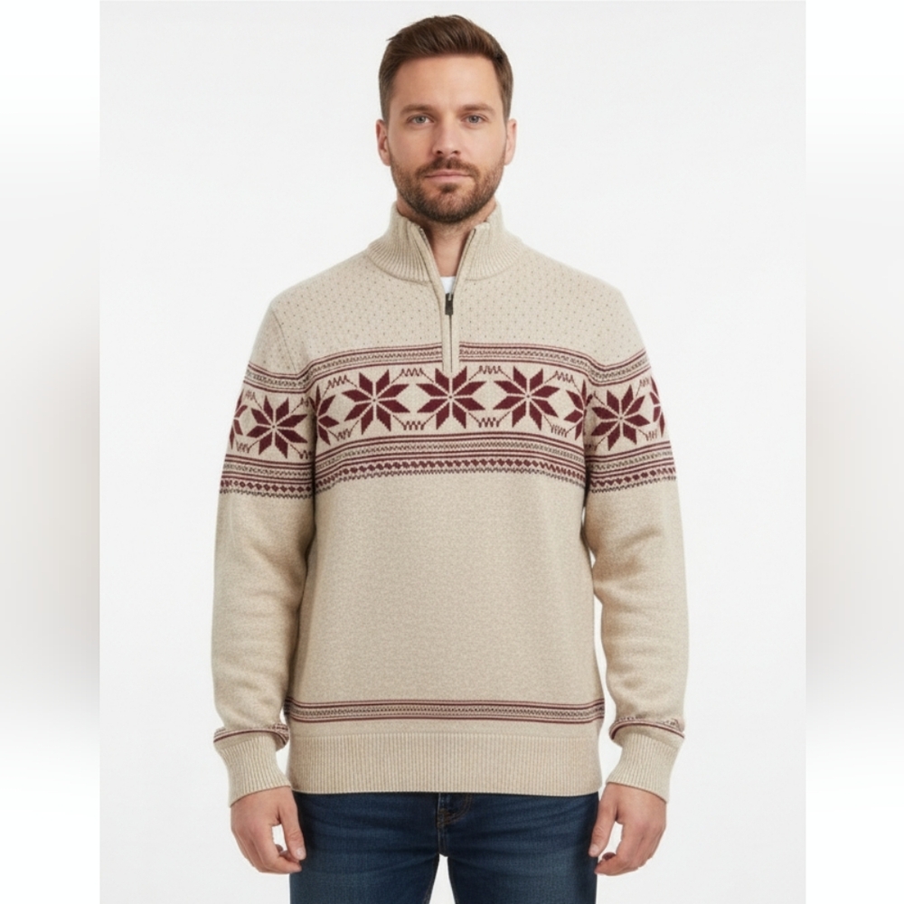 Eddie Bauer Men's 1/4 Zip Snowflake Sweater Christmas Size Large 100% Cotton